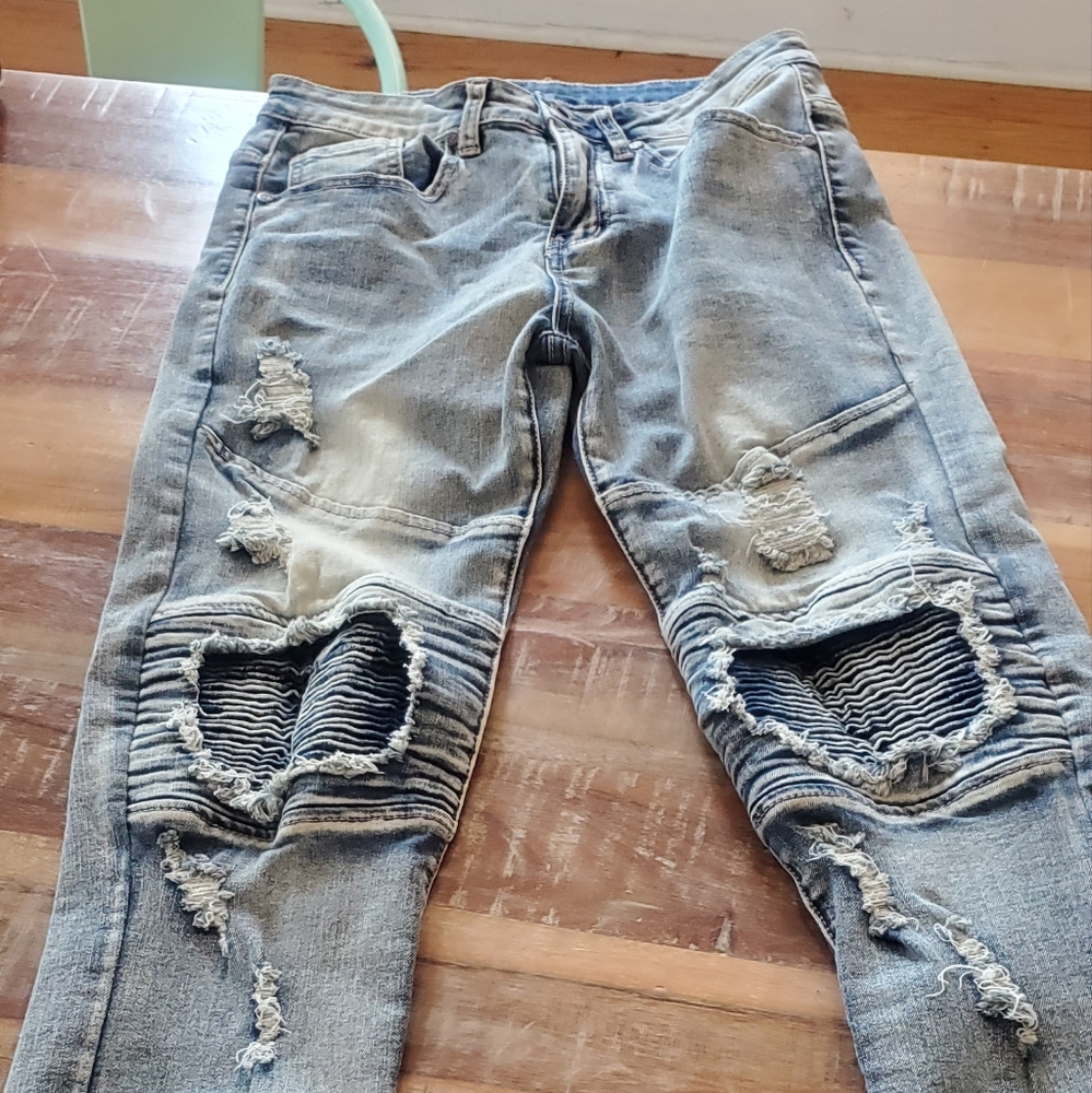 MENS biker moto washed distressed slim fit straight jeans